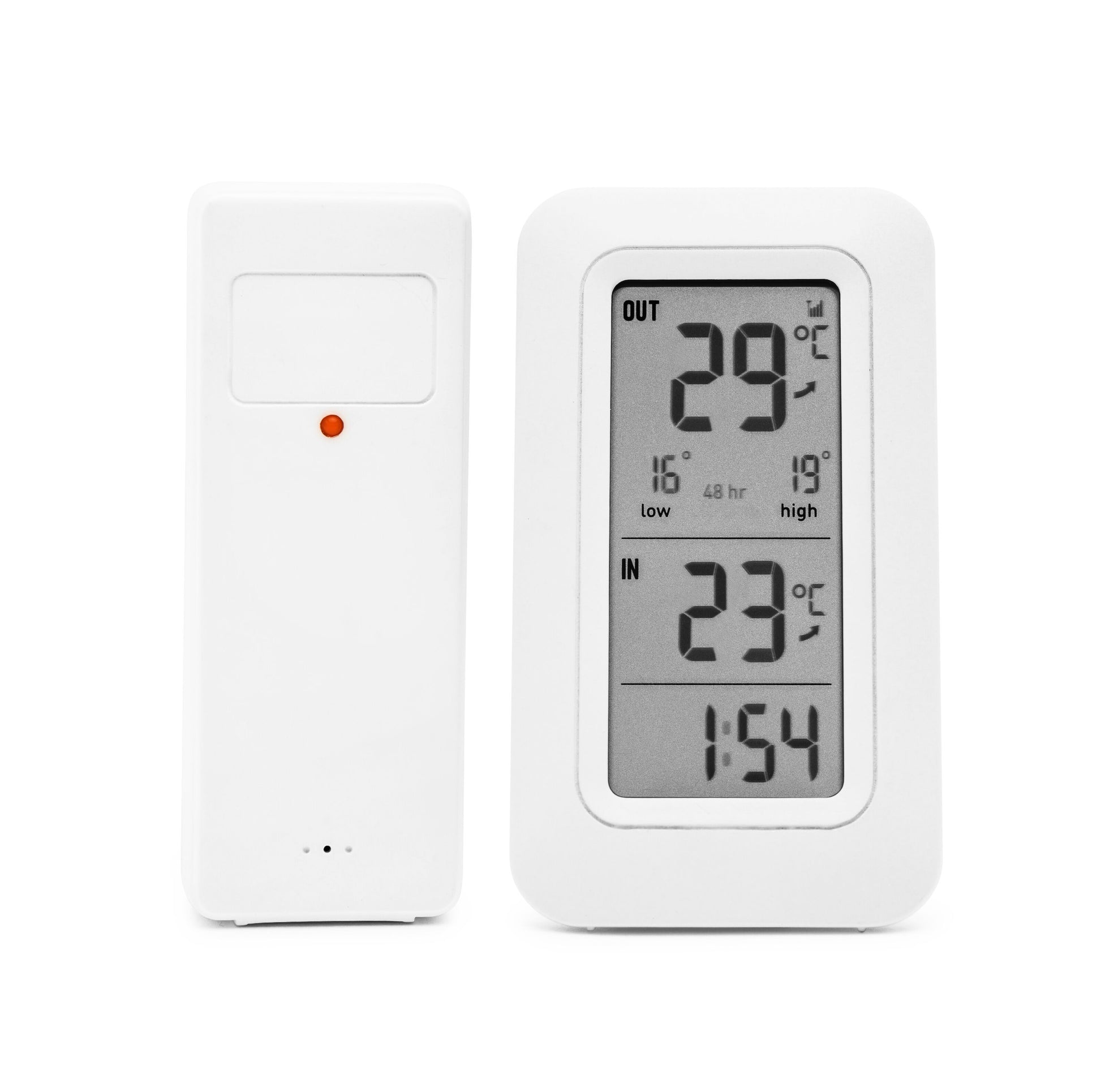 Rubicson trådløst termometer viser udendørssensor 29°C, indendørs 23°C, tid 1:54 og enhed med rødt indikatorlys.