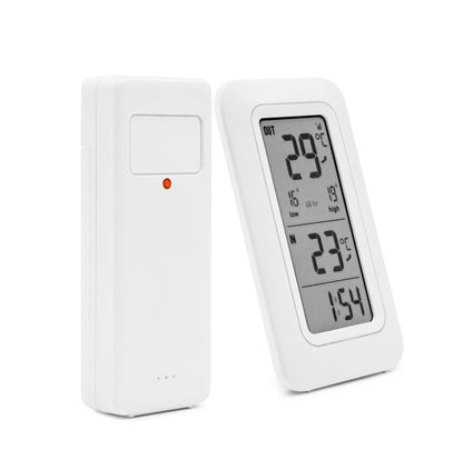 Rubicson trådløst termometer hvid, viser temperatur, tid og trends, inkl. hvid udendørssensor med rød indikatorlampe.