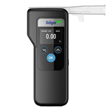 Dräger Alcotest 6000 digital alkometer med lille display 0,00, navigationsknapper, transparent mundstykke, Dräger-logo.