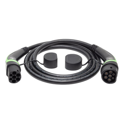 Luxorparts Type 2 opladningskabel til elbil 22 kW 3 faser, sort, grønt håndtag, beskyttelseskapper, 10 meter.