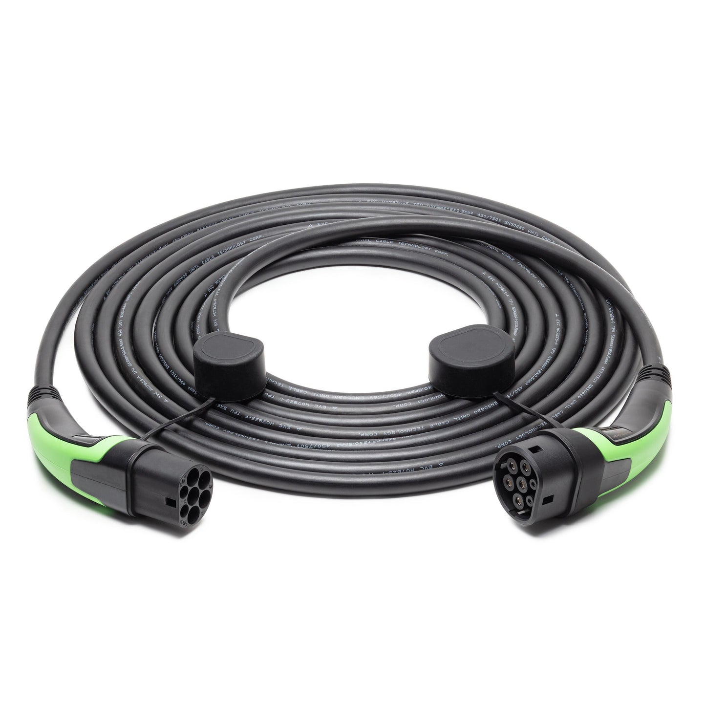 Type 2 opladningskabel til elbil, 22 kW, 3-faset, 10 m, sort spiralkabel med grønne og sorte håndtag, 7-polet stik begge ender.