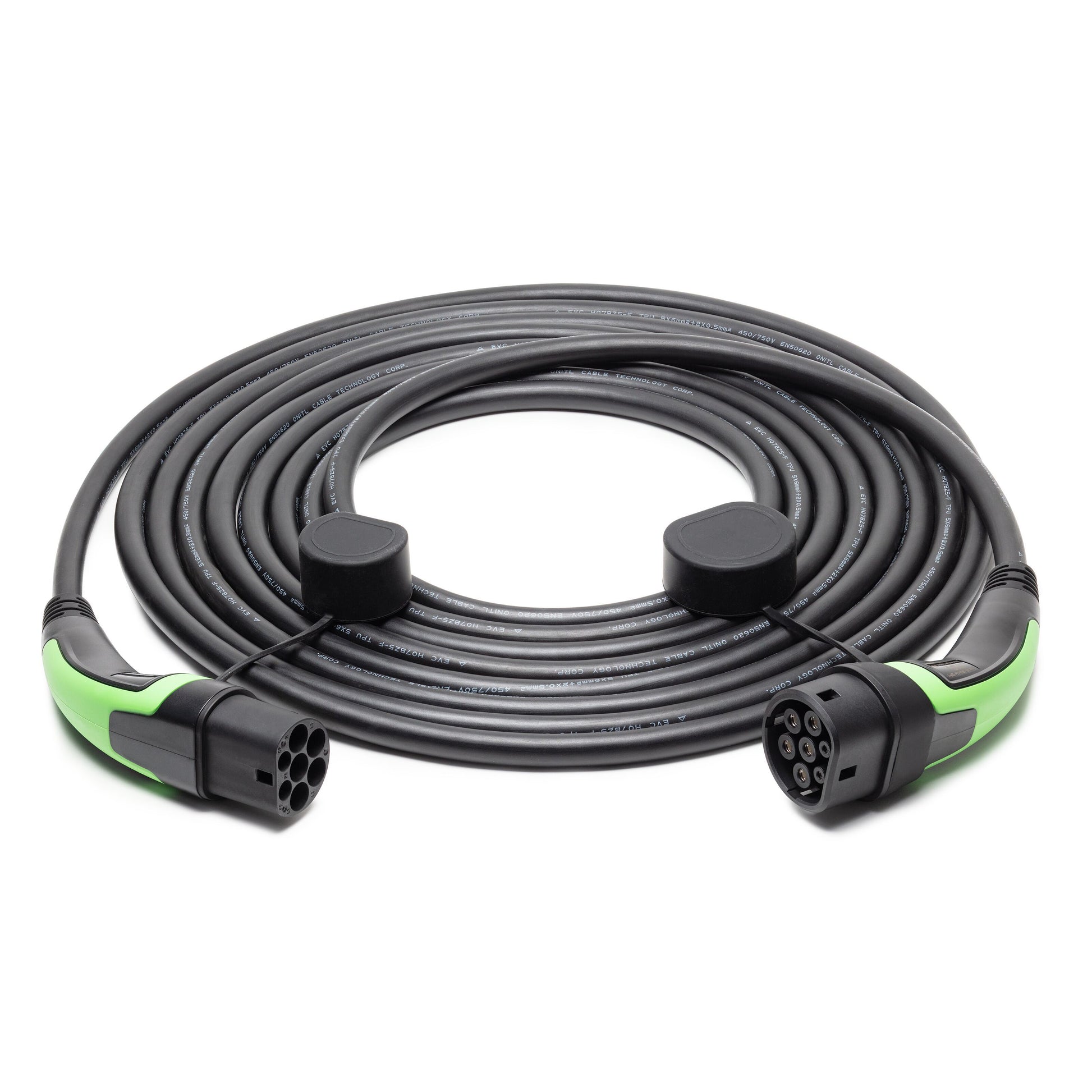 Type 2 opladningskabel til elbil, 22 kW, 3-faset, 10 m, sort spiralkabel med grønne og sorte håndtag, 7-polet stik begge ender.