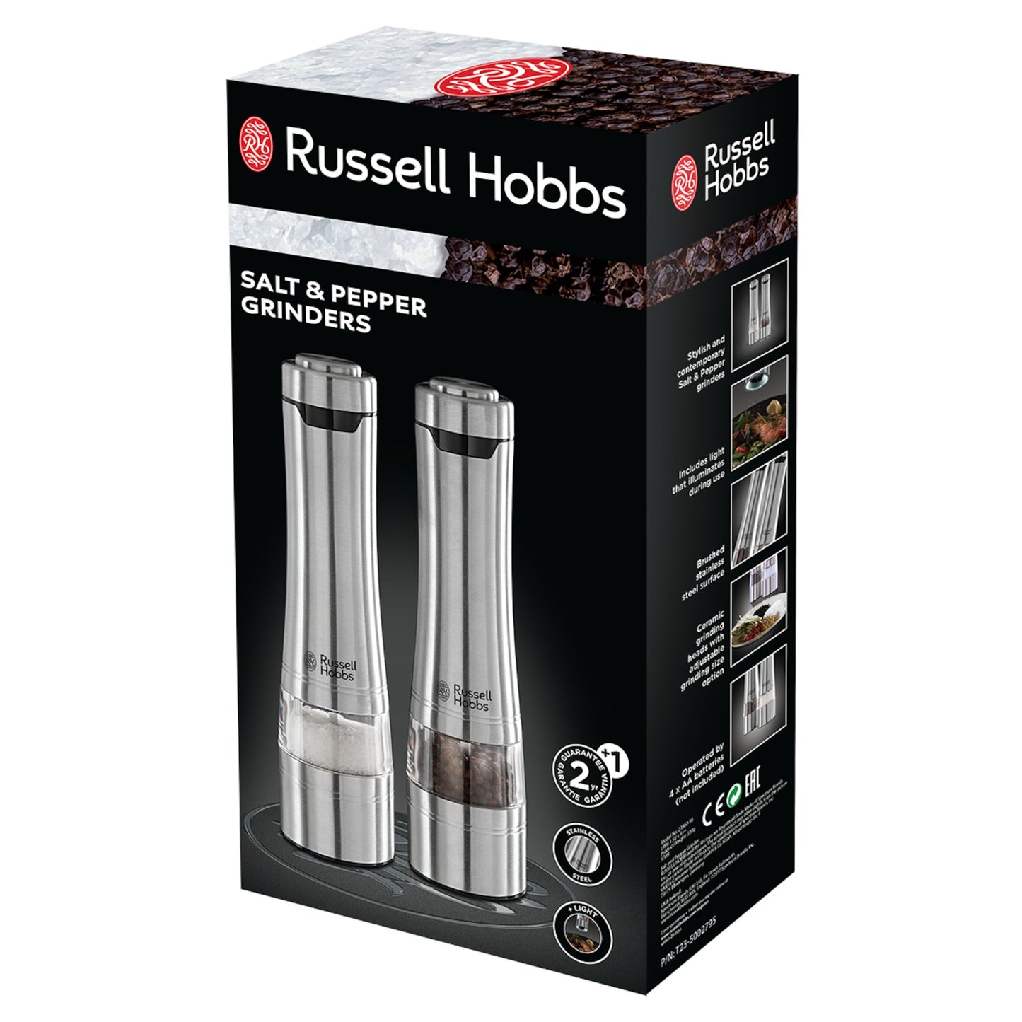 Russell Hobbs elektrisk kryddermøllesæt med to kværne, keramiske hoveder, lys og justerbar kværn i sort æske.