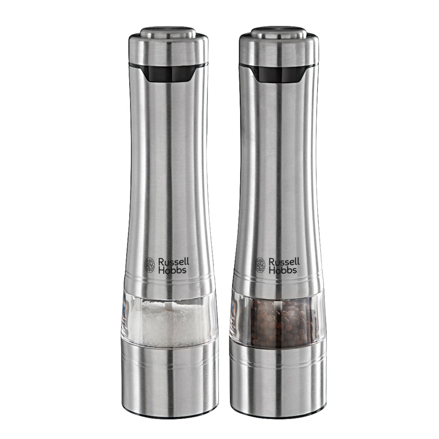 Russell Hobbs elektrisk kryddermøllesæt i rustfrit stål med gennemsigtige sektioner, fyldt med salt og peber, justerbar kværn.