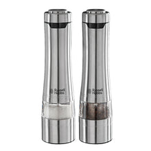 Russell Hobbs elektrisk kryddermøllesæt i rustfrit stål med gennemsigtige sektioner, fyldt med salt og peber, justerbar kværn.
