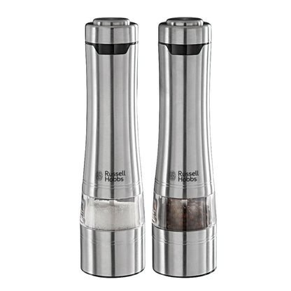 Russell Hobbs elektrisk kryddermøllesæt i rustfrit stål med gennemsigtige sektioner, fyldt med salt og peber, justerbar kværn.