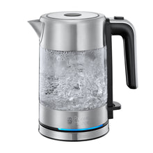 Russell Hobbs Compact Home elkedel rustfrit stål/glas, sort håndtag/tud, blåt indikatorlys, logo på fronten.