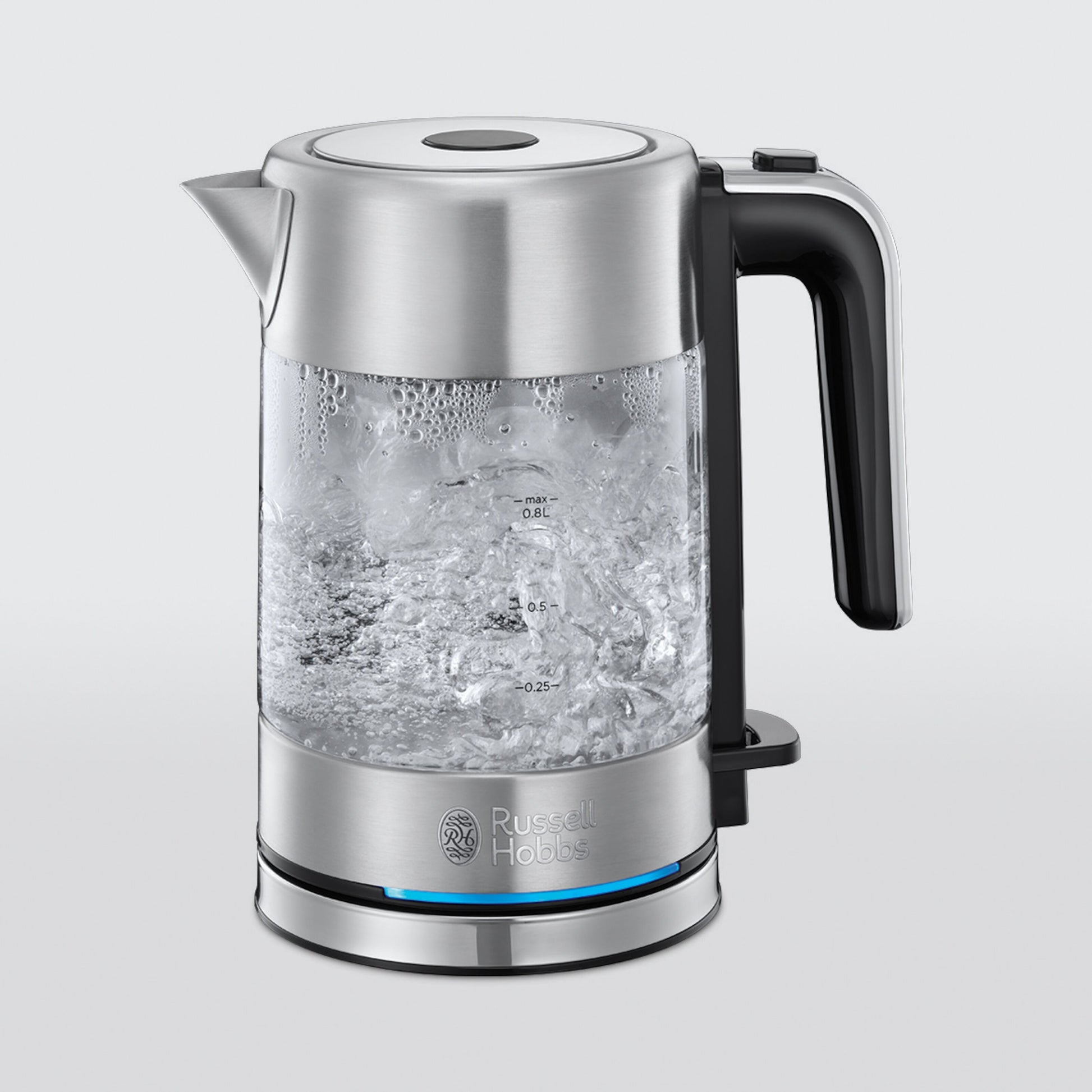 Russell Hobbs elkedel Compact Home i rustfrit stål og glas, sort håndtag, blå indikatorlys, Russell Hobbs-logo.