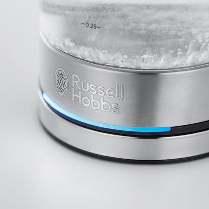 Russell Hobbs Kedel Compact Home base med blå LED-indikator, boblende vand og indgraveret Russell Hobbs-logo i stål.