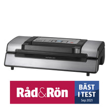 Champion vakuumpakker rustfrit stål med kontrolknapper øverst, mærkat "Råd  Rön Bäst i Test Sep 2021" på fronten.