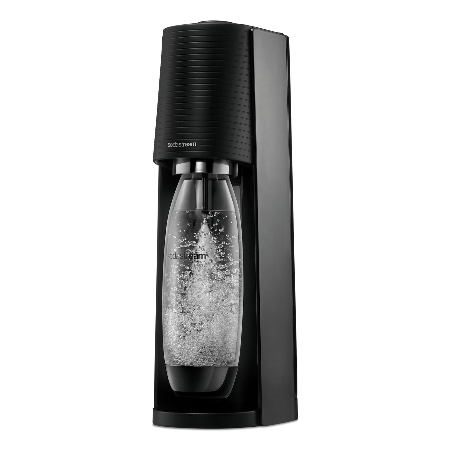 Sodastream Terra børstemaskine sort med gennemsigtig flaske, karboneringsbobler og Quick-Connect teknologi.