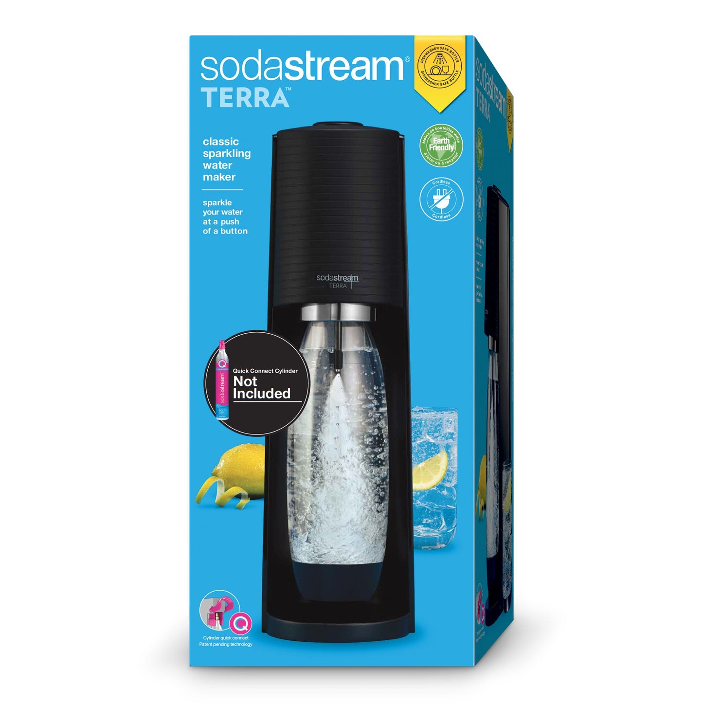 Sodastream Terra brusmaskine sort, teal æske, inkl karboneringsflaske, citronpynt og isdrik, uden Quick-Connect Cylinder.