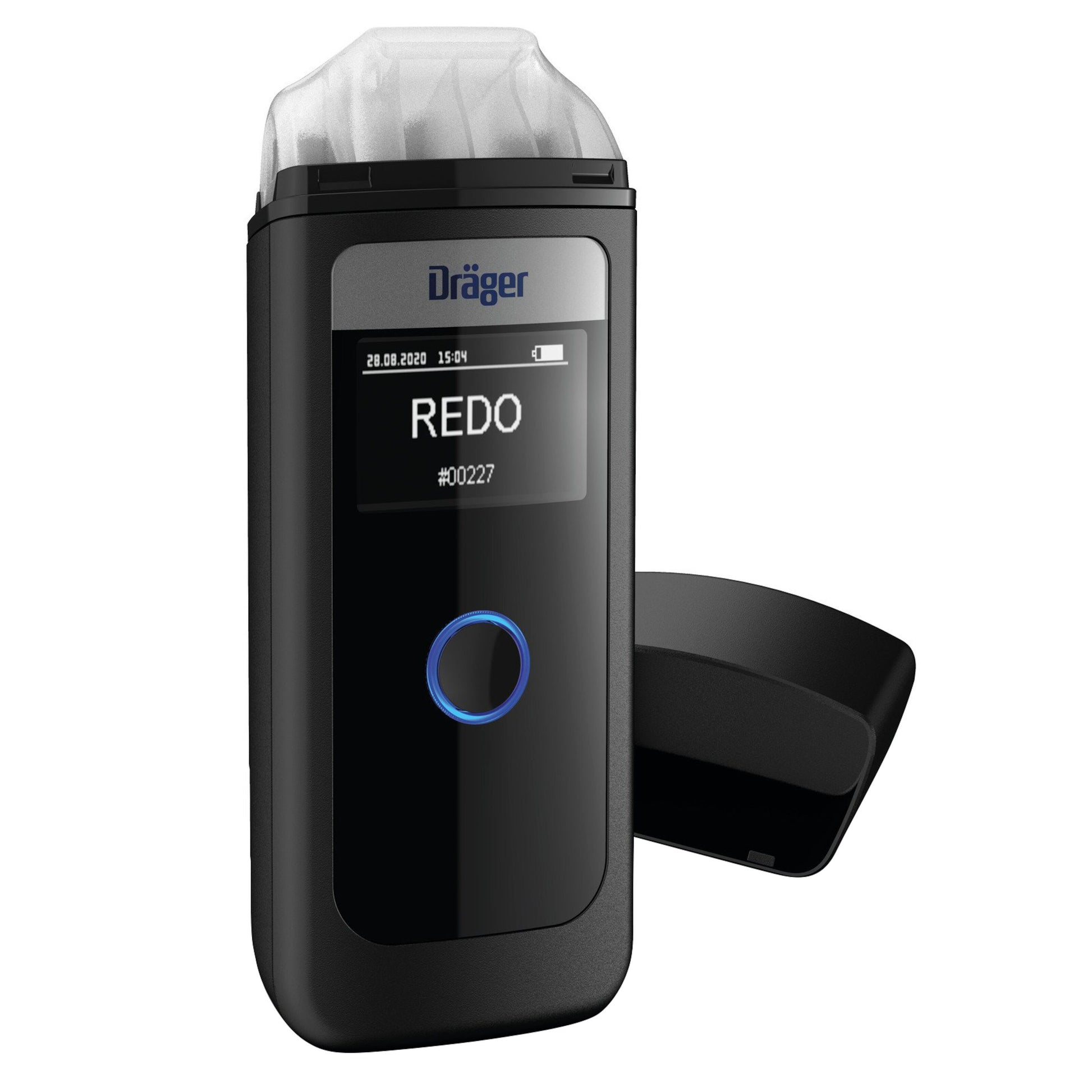 Dräger Alcotest 4000 alkometer sort, digital skærm med "REDO", blå rund knap under, Dräger-logo over skærm.