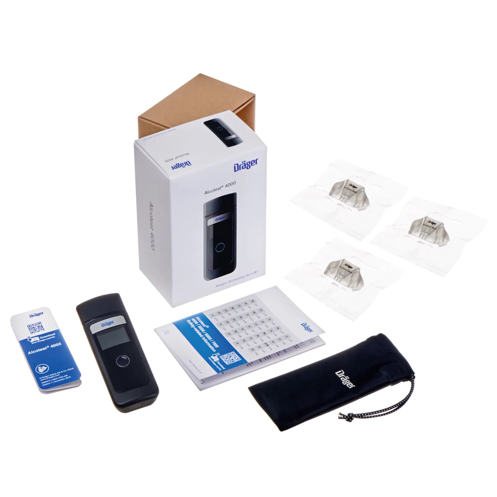 Dräger Alcotest 4000 alkometer med boks, brugervejledning, bæretaske og separate mundstykker.