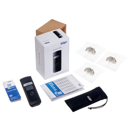 Dräger Alcotest 4000 alkometer med boks, brugervejledning, bæretaske og separate mundstykker.