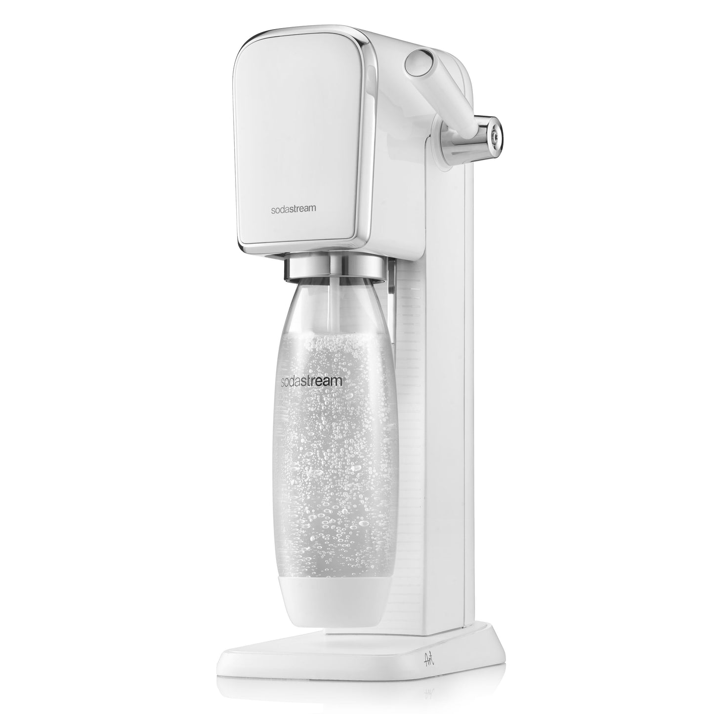 Sodastream sodavandsmaskine hvid med gennemsigtig flaske monteret fyldt med danskvand og synlige bobler.