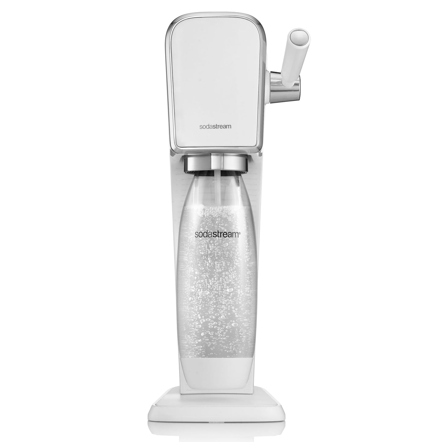 Sodastream sodavandsmaskine hvid set forfra med klar flaske fyldt med danskvand.