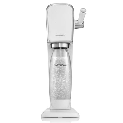 Sodastream sodavandsmaskine hvid set forfra med klar flaske fyldt med danskvand.