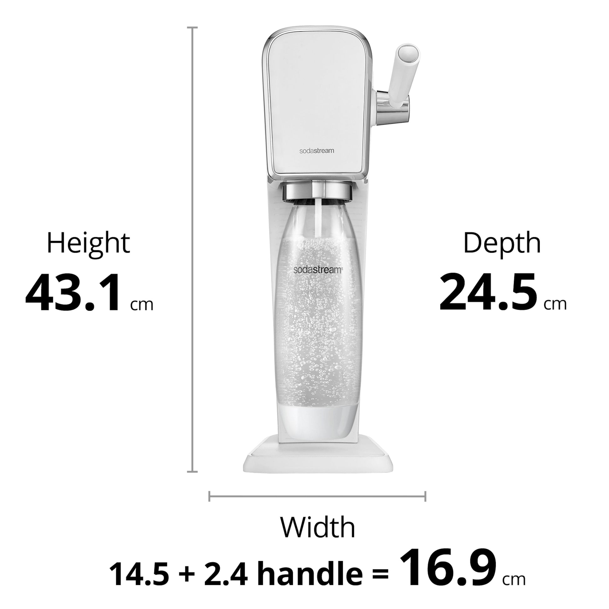 Sodastream sodavandsmaskine hvid, inkl. klar flaske og 2,4 cm håndtag, 43,1x24,5x16,9 cm.
