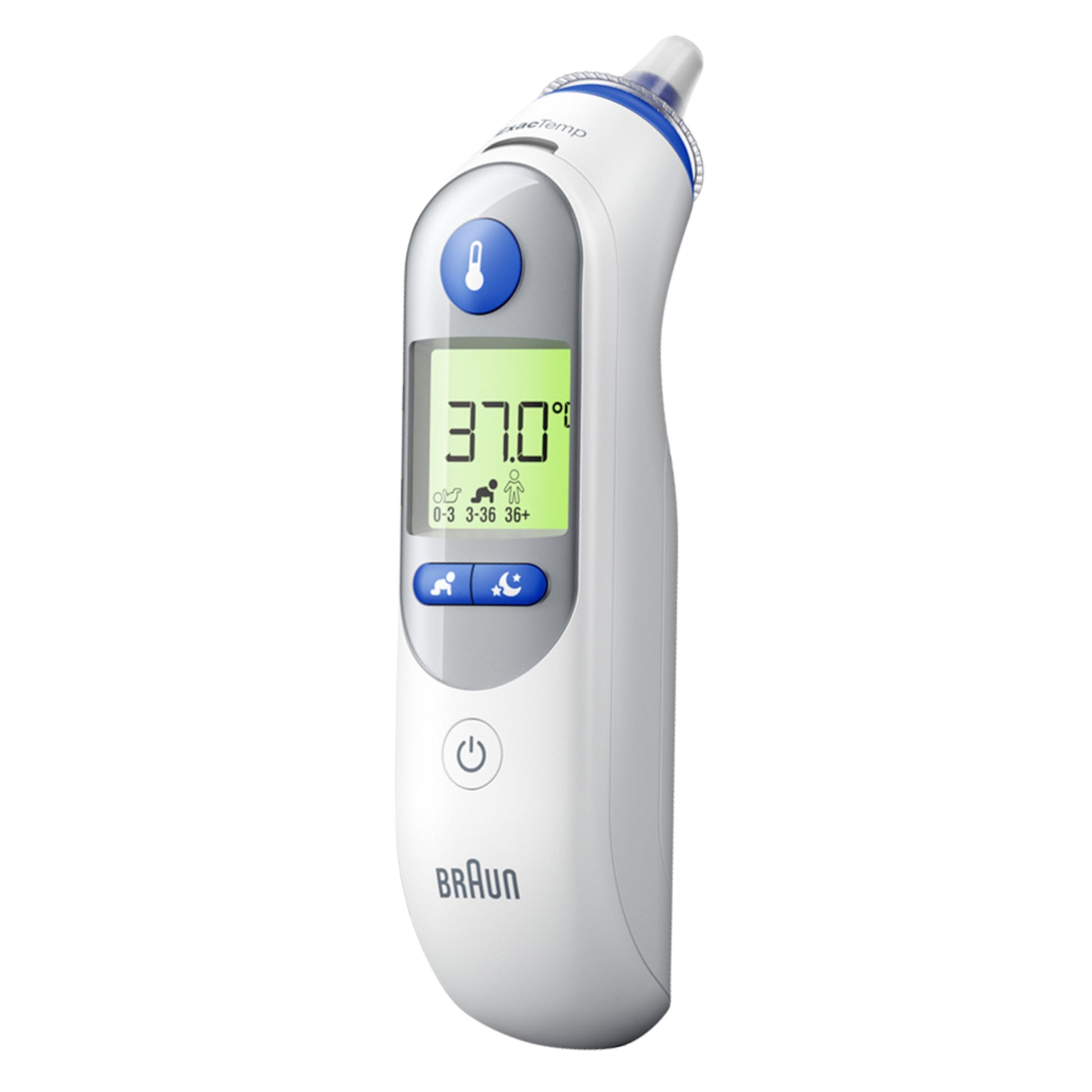 Braun Thermoscan 7+ øretermometer med grøn baggrundsbelyst skærm, viser 37,0°C, ikoner til voksen/barn, blå proppespids.