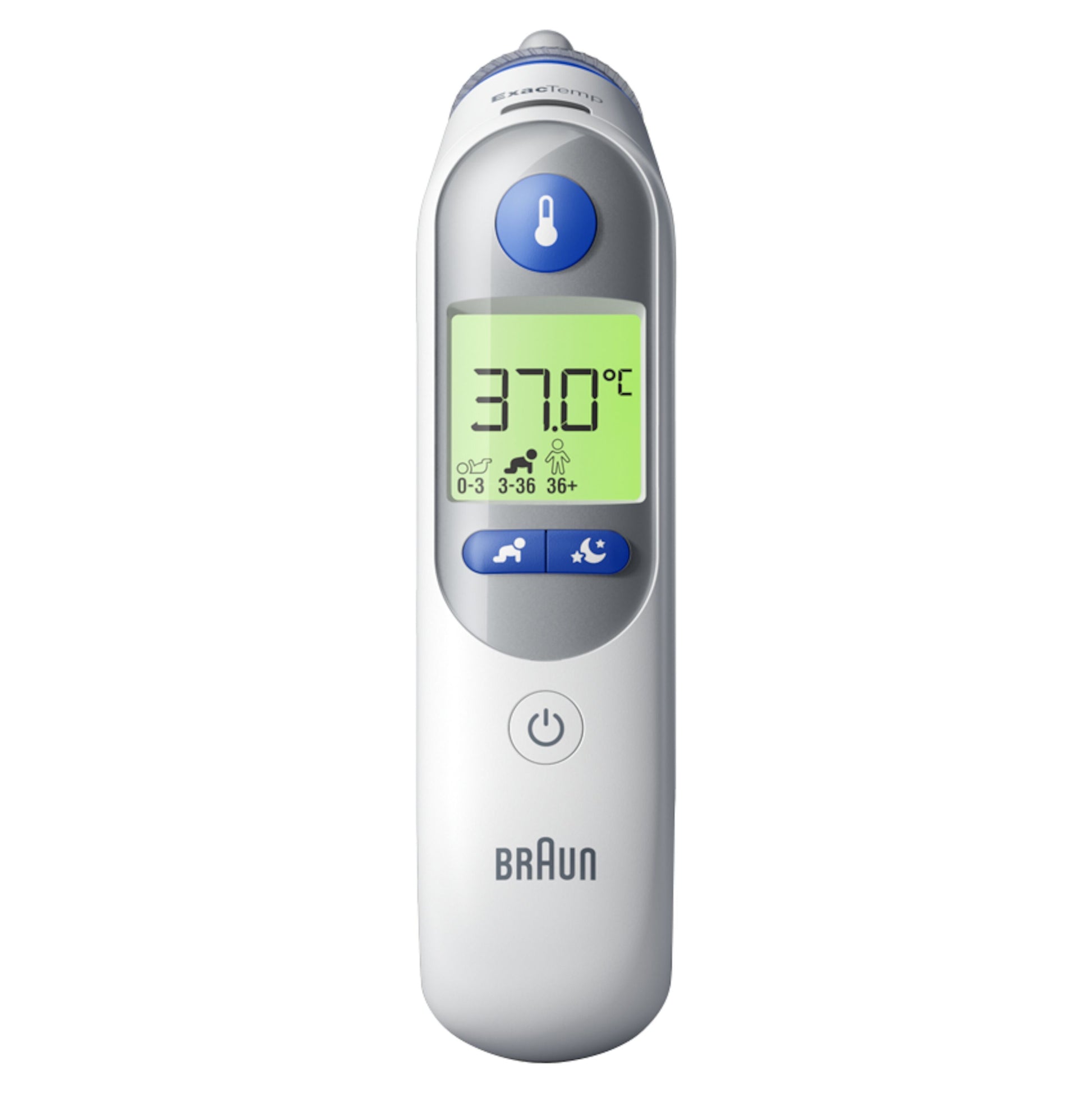 Braun Thermoscan 7+ øretermometer med grønt bagbelyst display 37.0°C, blå knapper og aldersikon.
