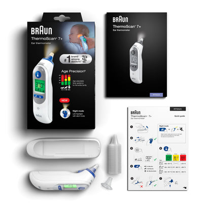 Braun Thermoscan 7+ øretermometer med cover, probehætter og quick guide foran emballage med barn og nøglefunktioner.