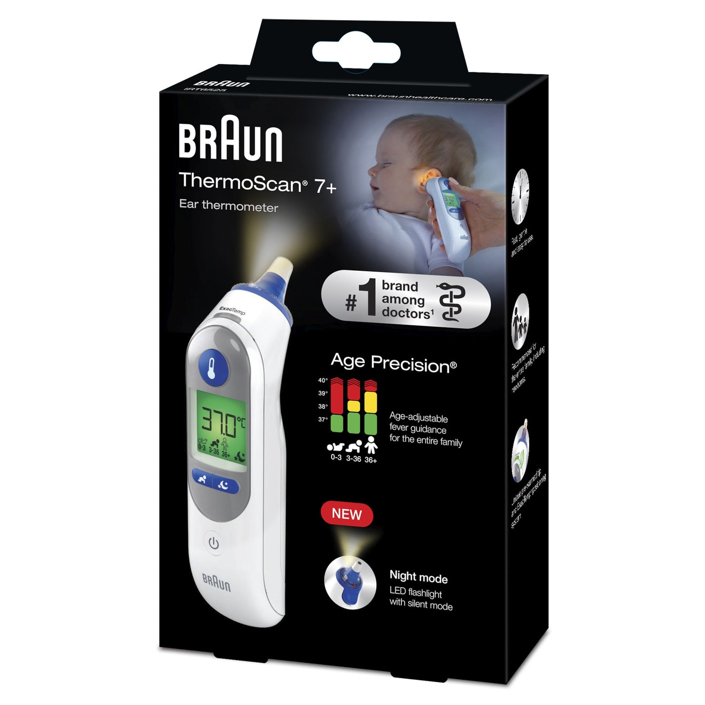 Braun ThermoScan 7+ øretermometer æske med alderspræcision, nattilstand, produktdetaljer og ikoner.