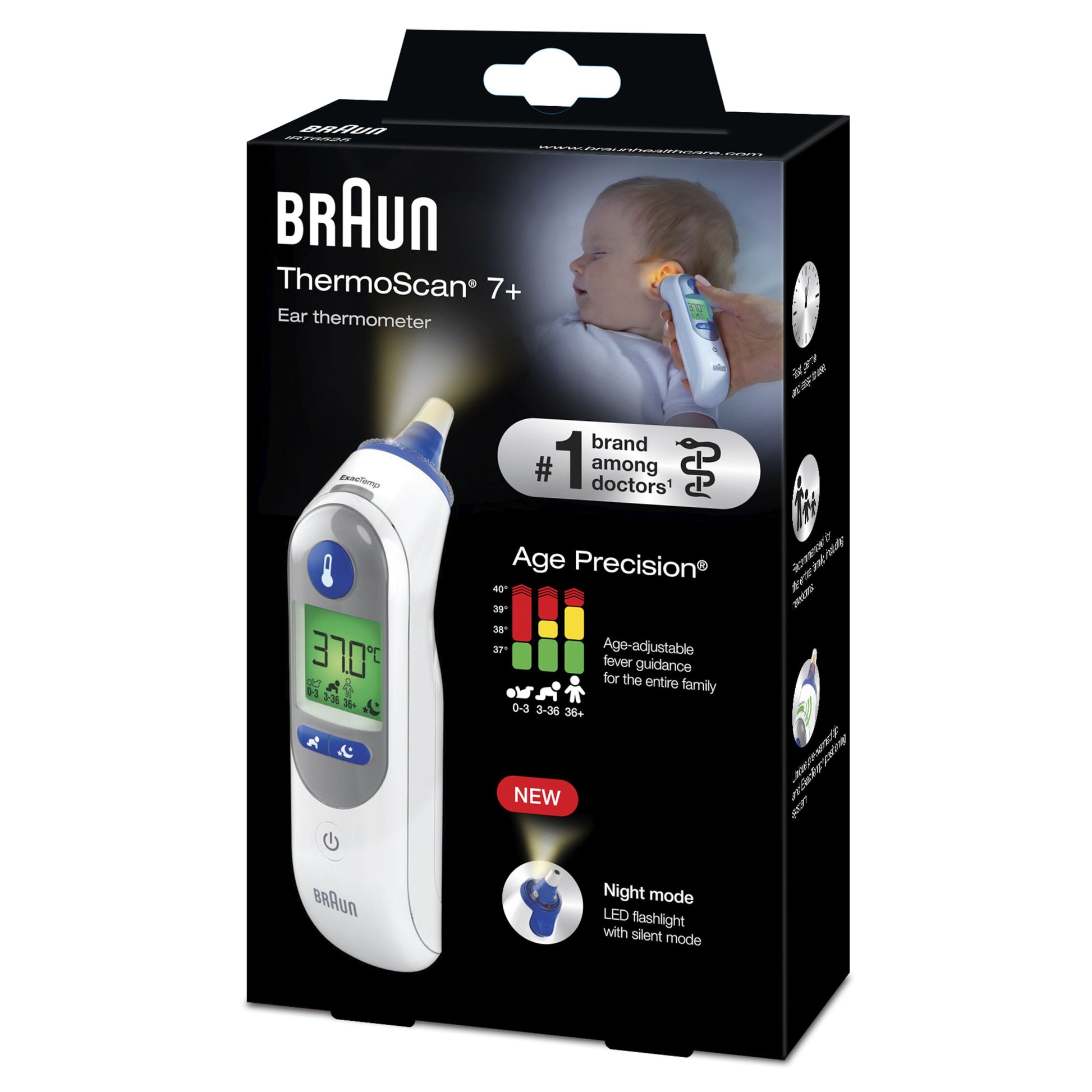 Braun ThermoScan 7+ øretermometer æske med alderspræcision, nattilstand, produktdetaljer og ikoner.