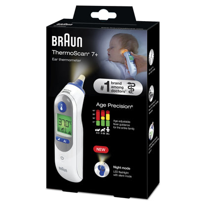 Braun ThermoScan 7+ øretermometer æske med alderspræcision, nattilstand, produktdetaljer og ikoner.