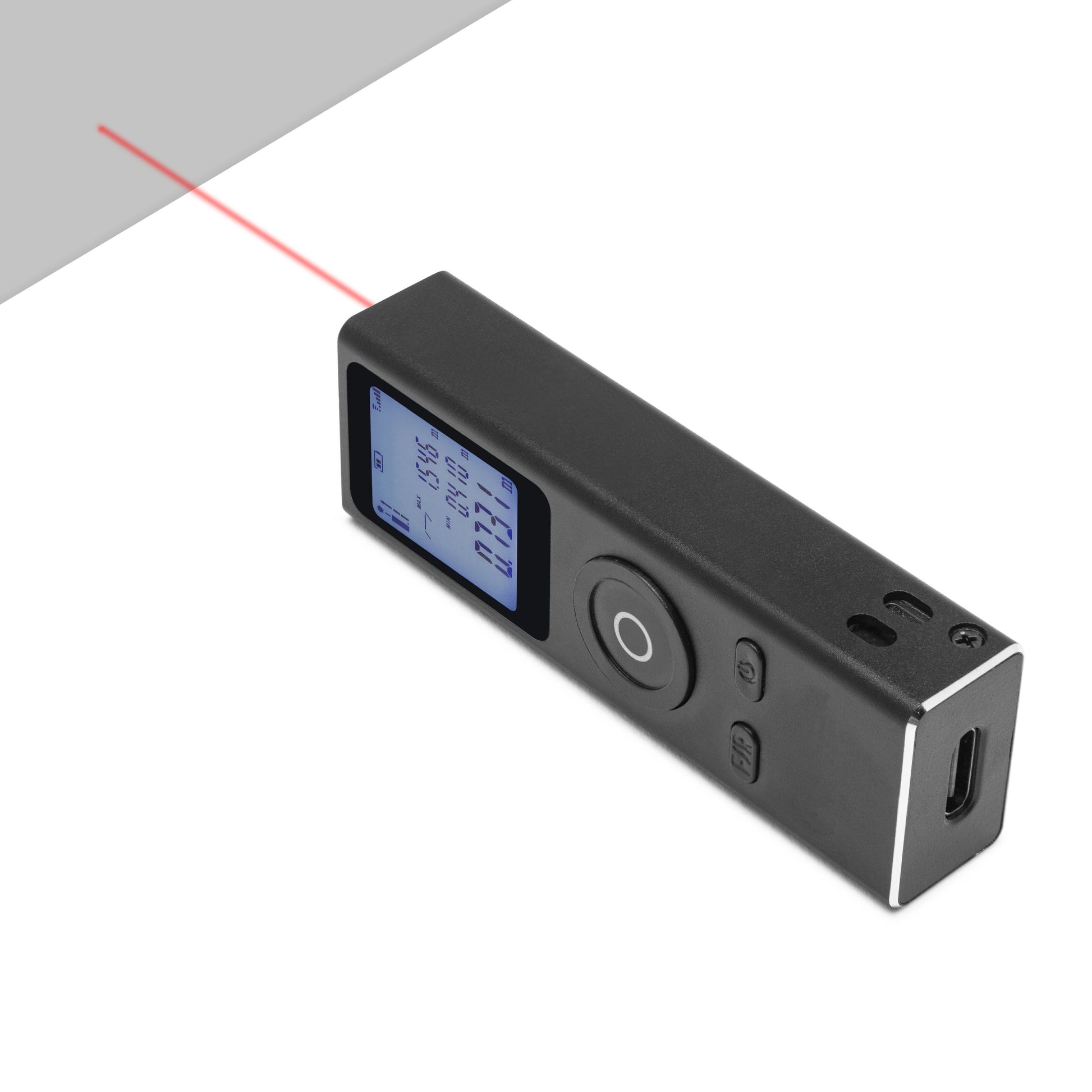 Luxorparts Afstandsmåler mini med rød laser, LCD-skærm til målinger og frontknapper, vises mod grå væg.