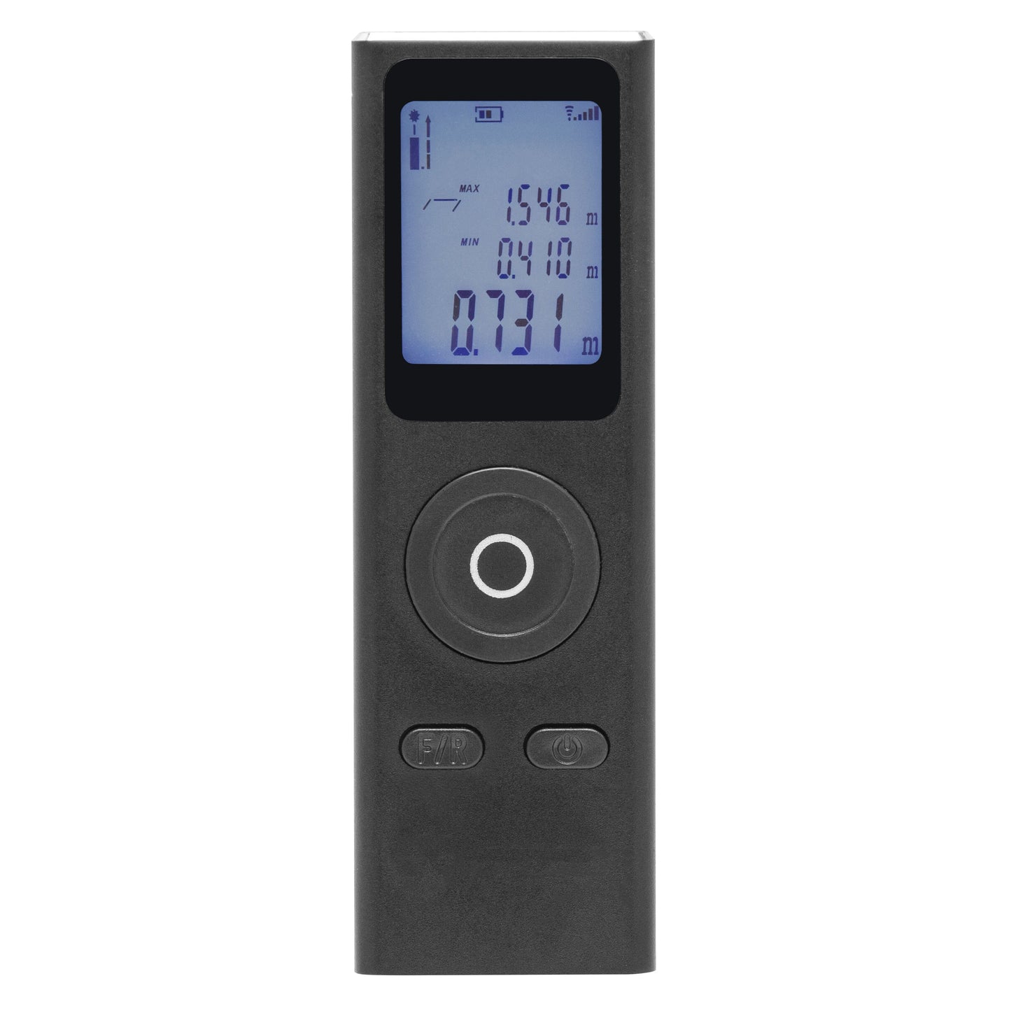 Luxorparts Afstandsmåler mini sort digital laser, blå LCD-display med meteraflæsning, rund knap og til mindre knapper.