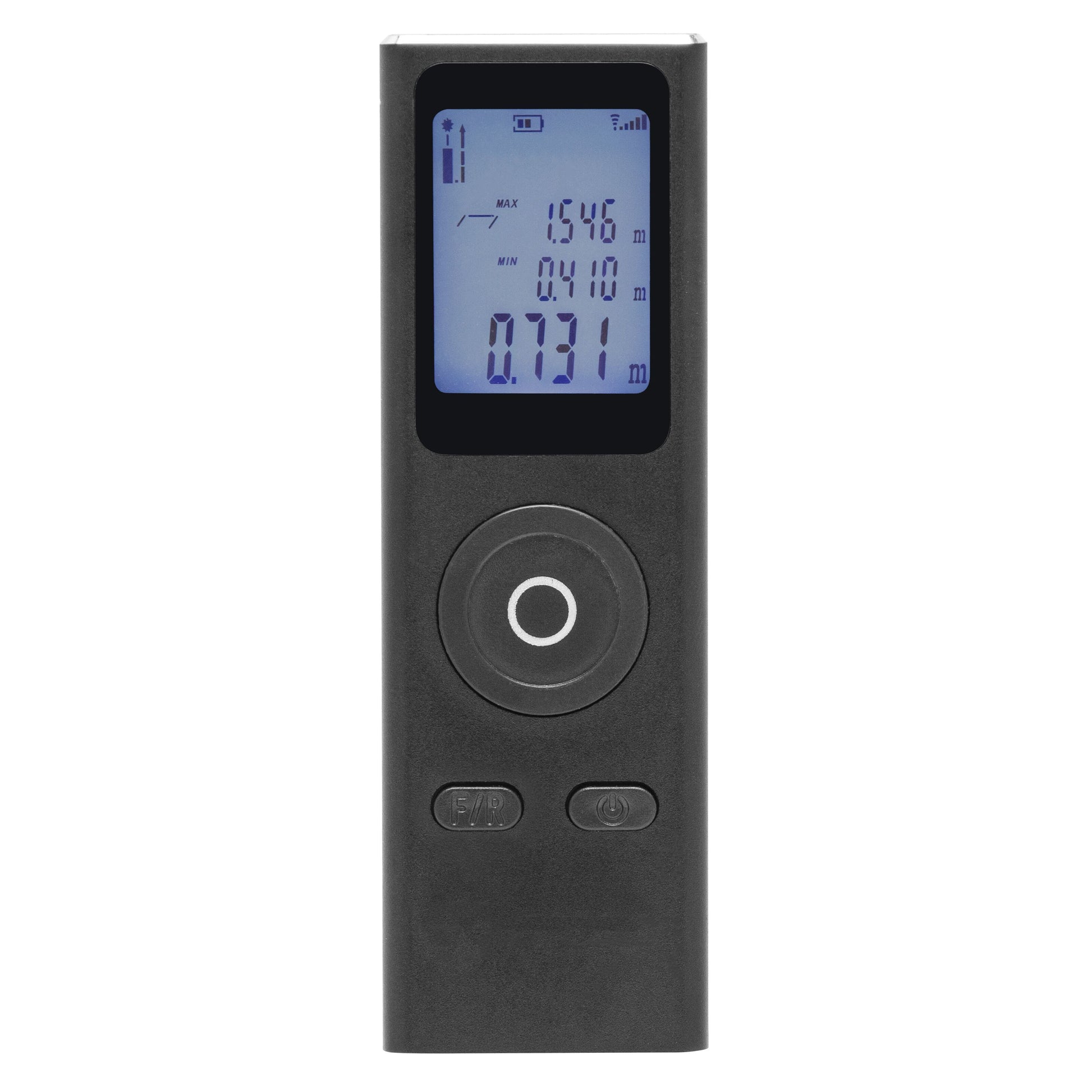 Luxorparts Afstandsmåler mini sort digital laser, blå LCD-display med meteraflæsning, rund knap og til mindre knapper.