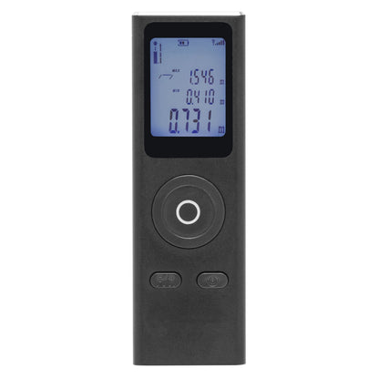 Luxorparts Afstandsmåler mini sort digital laser, blå LCD-display med meteraflæsning, rund knap og til mindre knapper.