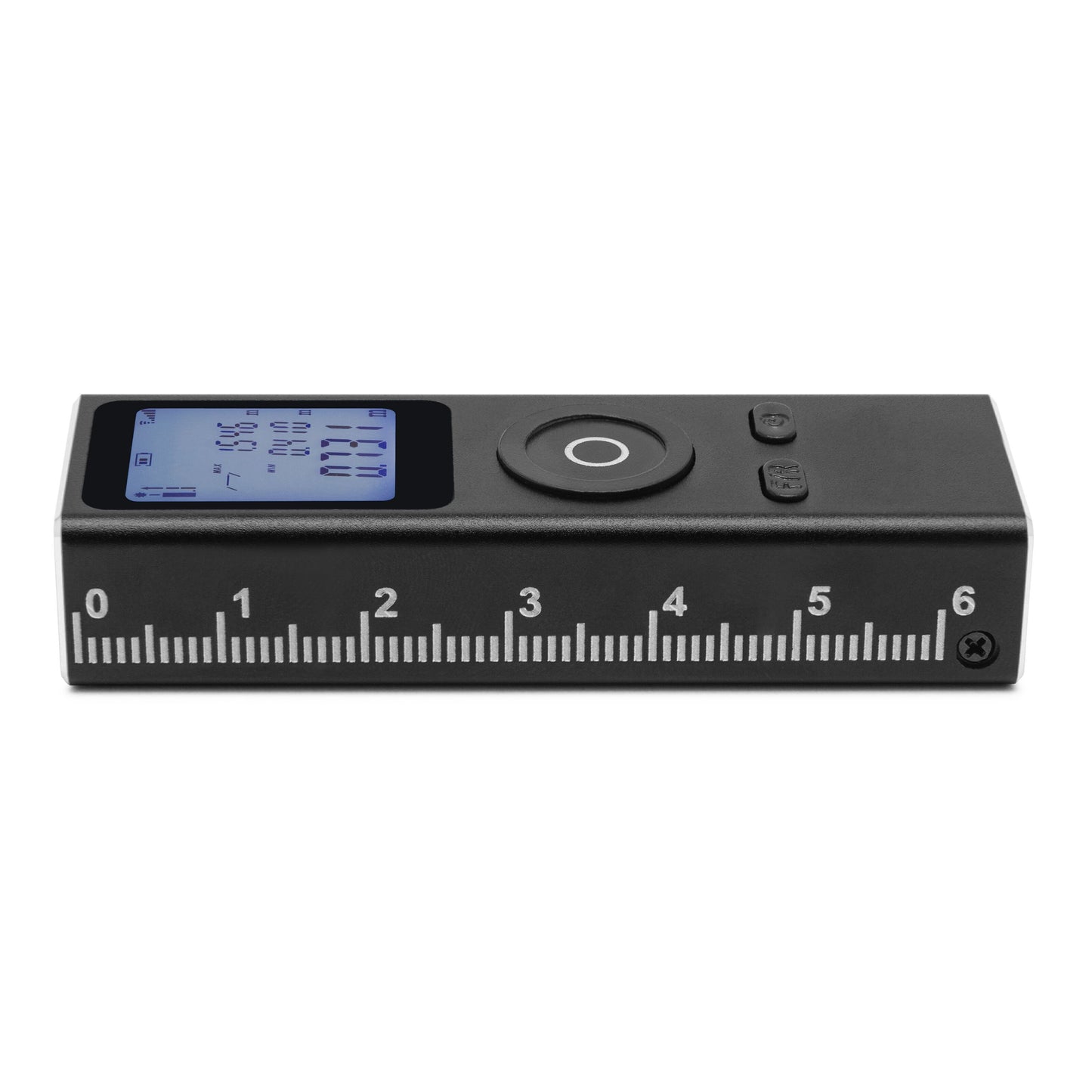 Luxorparts Afstandsmåler mini med LCD-display, ikon- og talvisning, 0-6" lineal i siden og topknapper.
