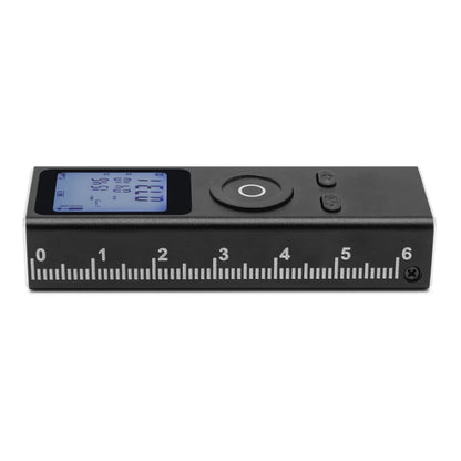 Luxorparts Afstandsmåler mini med LCD-display, ikon- og talvisning, 0-6" lineal i siden og topknapper.