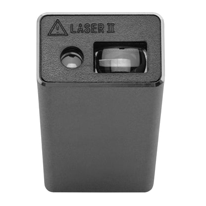 Luxorparts Afstandsmåler mini sort, Laser II advarselslabel, cirkulær frontsensor og linse, LCD-display.