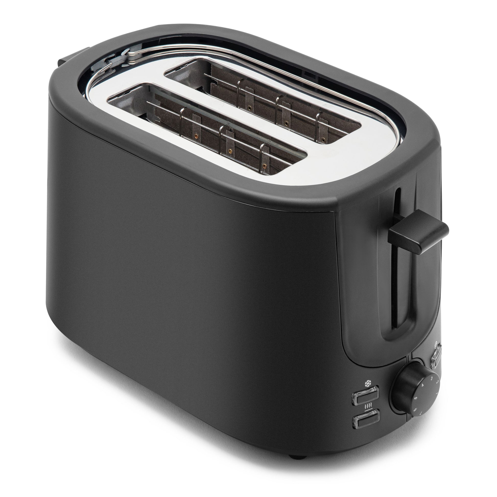 Brødrister Compact sort, 2 riller, sidegreb, drejeknap med 7 bruningsniveauer, funktionsknapper ved basen.