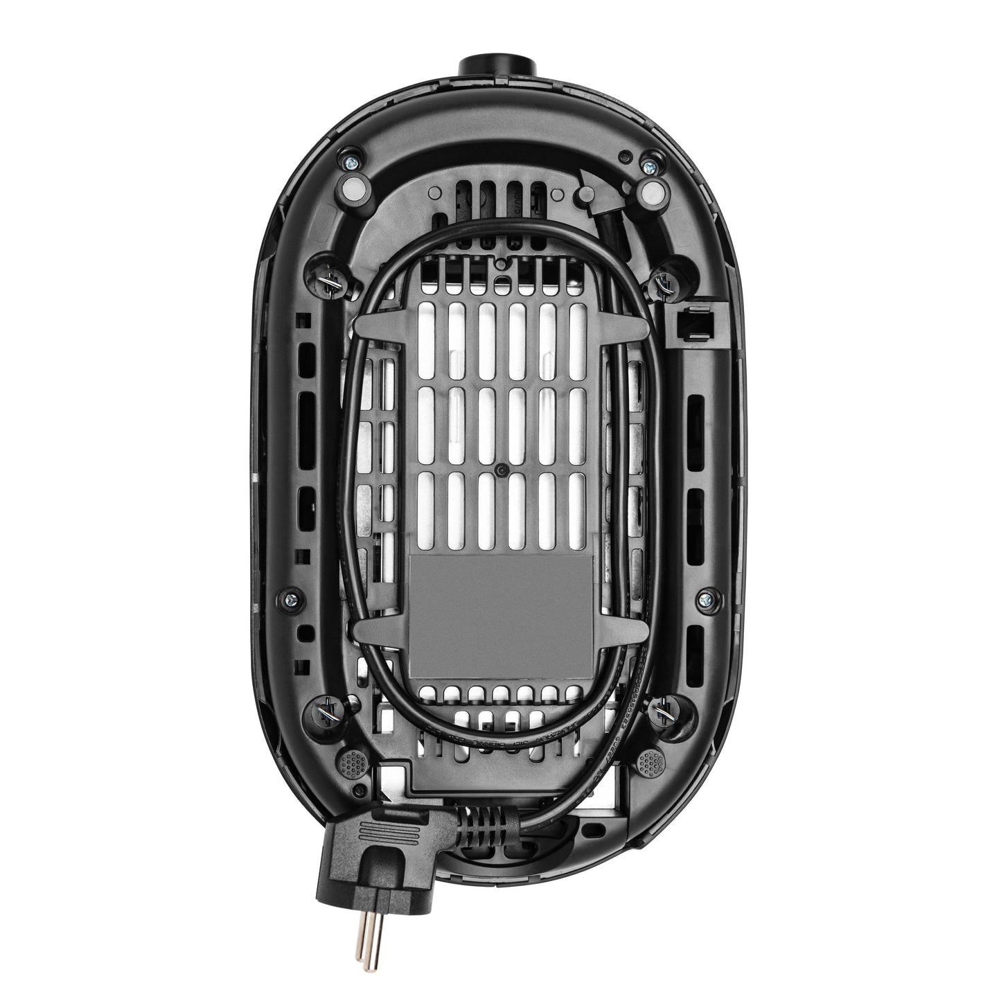 Brødrister Compact sort, synlige interne komponenter, ventilationsgitter, ledning med stik, 7 ristningsniveauer, optøningsfunktion.