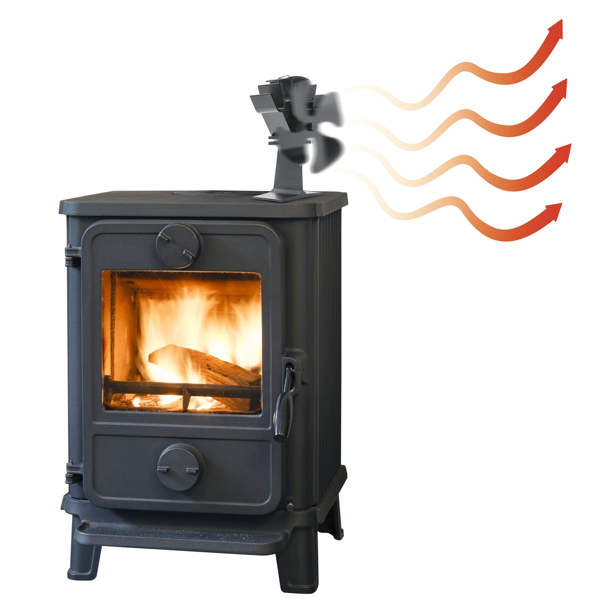 Sort brændeovn med Rubicson Pejs ventilator 4-blade ovenpå, varmluft udad markeret med røde og orange pile.