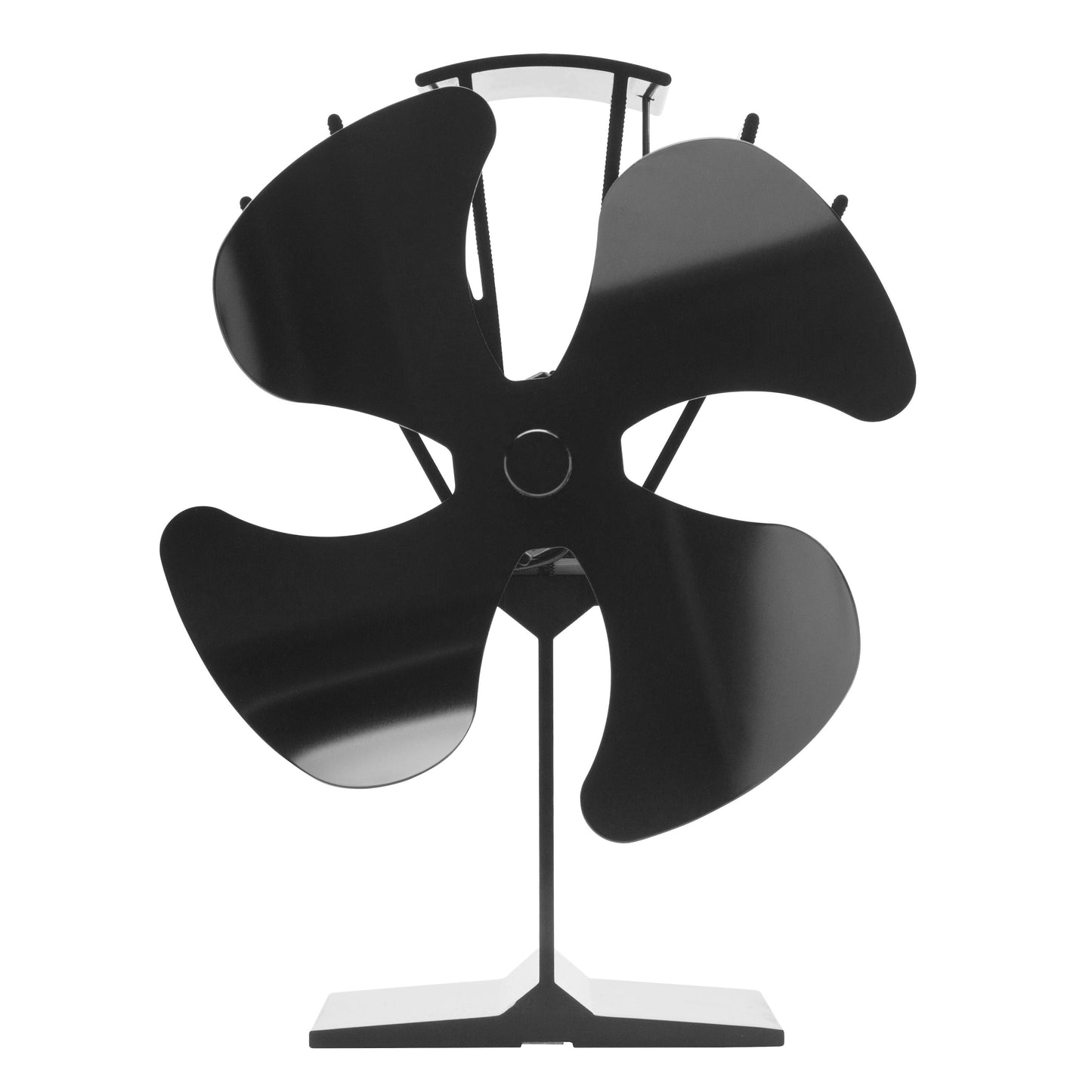 Pejs ventilator med 4 blade, sort, buet håndtag og solid base.