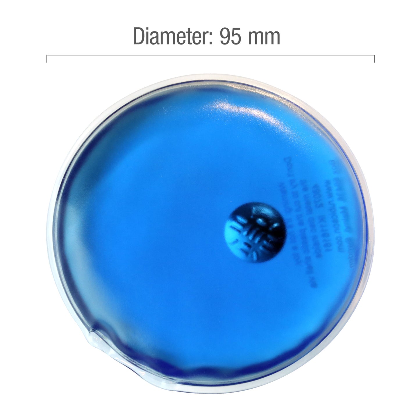 Rubicson Håndvarmer 2-pak, rund, 95 mm diameter, fyldt med blå gel og synlig tekst på forsiden, set oppefra.