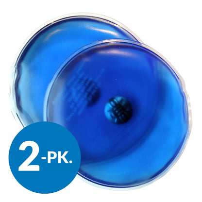 Blå gel-fyldte håndvarmere 2-pak, rund form, hvid "2-PK." tekst på forsiden, genanvendelig model.