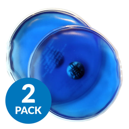 Rubicson håndvarmer 2-pack, to runde blå gel-ice packs i klar plast, set oppefra, turkis mærkat med "2 Pack.