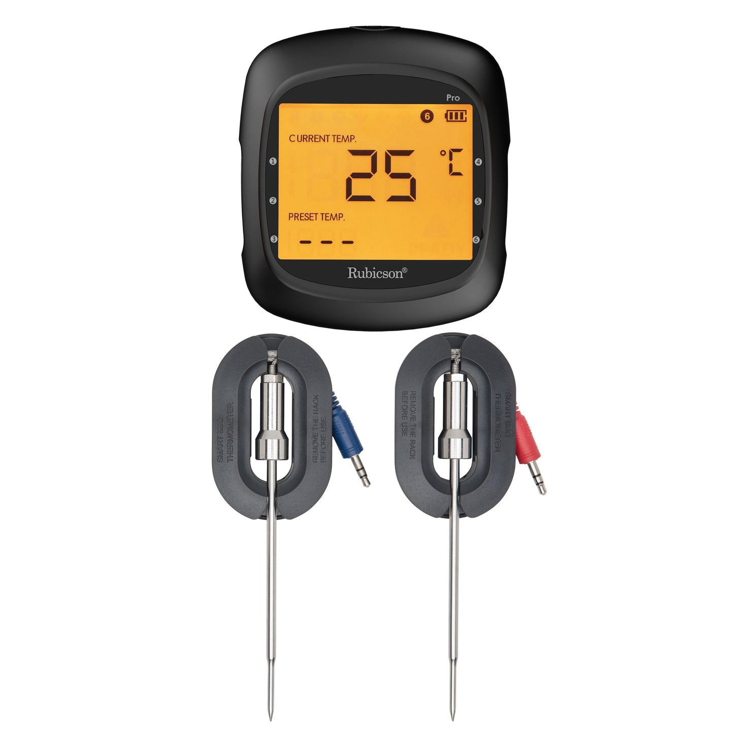 Rubicson Smart BBQ-temperaturmåler Bluetooth med stort display, 25°C, batteriindikator, to metalprober med blå/rød stik.