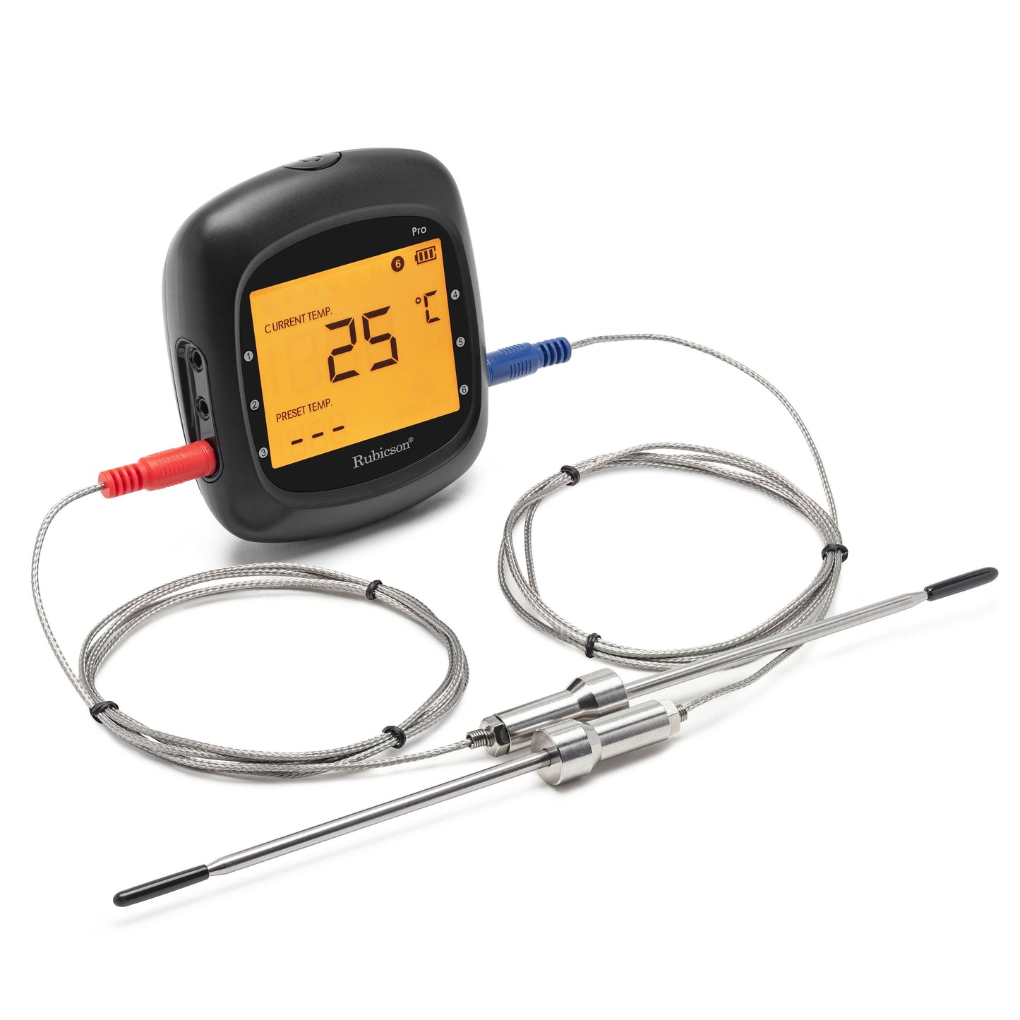 Rubicson Smart BBQ-temperaturmåler, digital, dobbeltprober, gul display viser 25°C, tilsluttet flettede kabler.