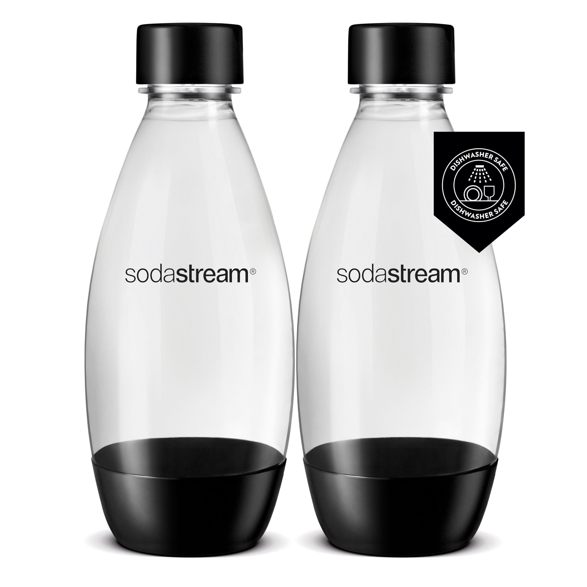 Sodastream Fuse Flaske 0,5 l 2-pakning klare flasker med sorte bunde og låg, BPA-fri plastik, Sodastream-logo.