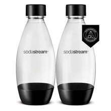 Sodastream Fuse Flaske 0,5 l 2-pakning klare flasker med sorte bunde og låg, BPA-fri plastik, Sodastream-logo.