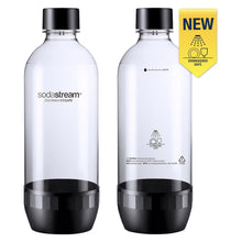 Sodastream Klassisk Flasker 2-pak 1L klar BPA-fri med sorte låg og bund, label: NEW Dishwasher Safe med opvaskemaskine-ikon.