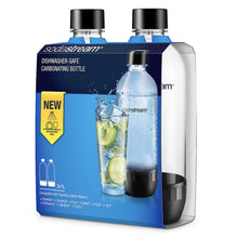 Sodastream Klassisk Flaska 1L 2-pak, klare BPA-fri flasker med sorte låg i blå og gul æske, opvaskemaskinesikre.