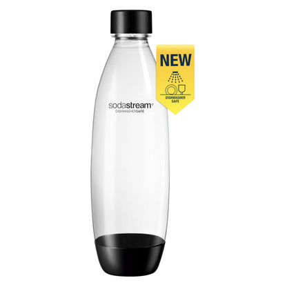 Sodastream Flaske 1L klar med sort låg og bund BPA-fri opvaskemaskinesikker gul "NEW" mærke og opvaskesymbol.